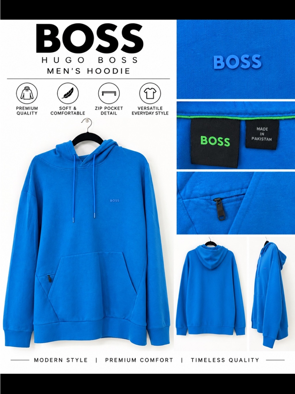 Hugo Boss Bright Blue Men's Pullover Hoodie with Zip Pocket